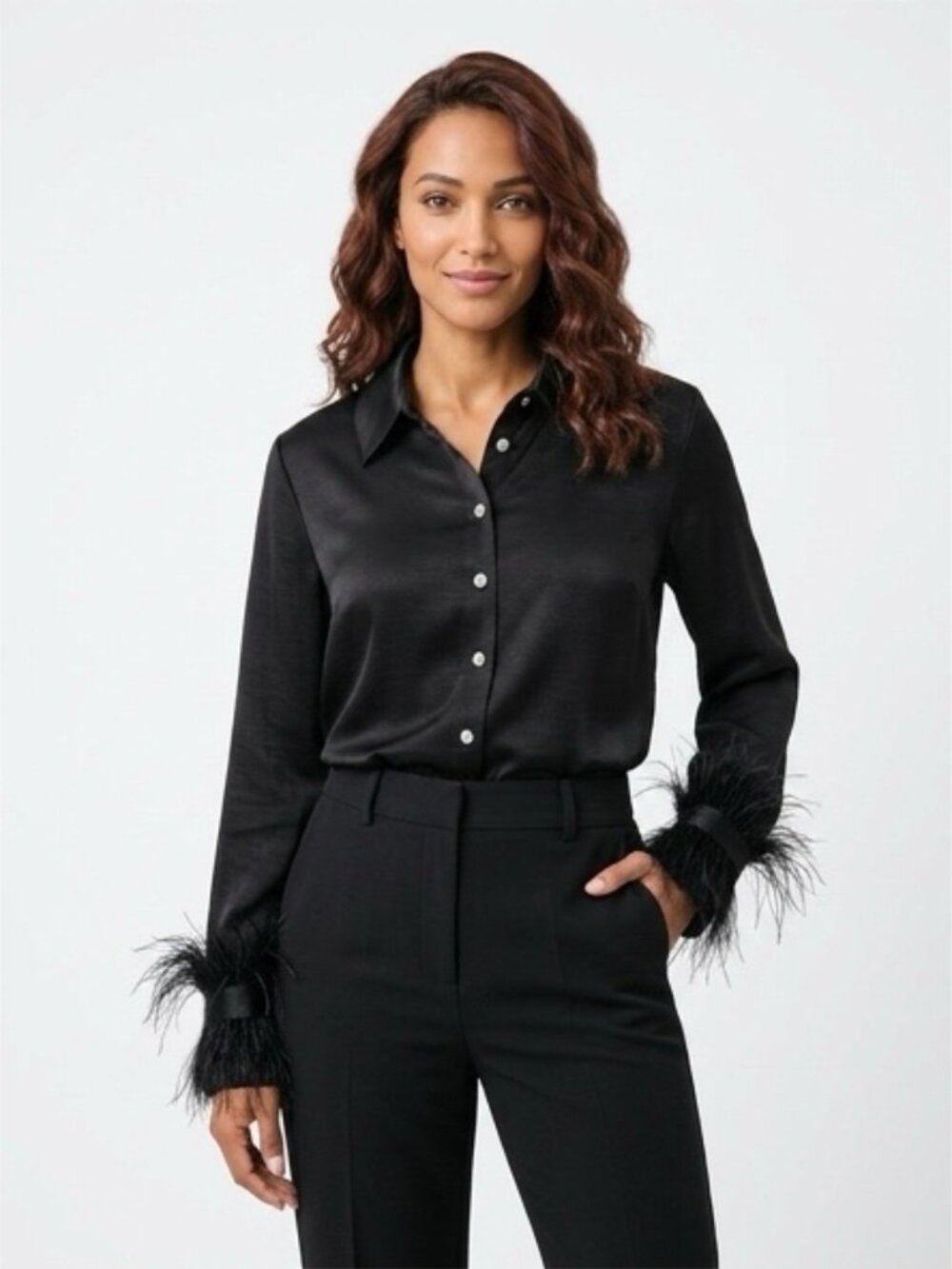 🖤 Mossimo Black Satin Button-Up Blouse w/ Feather Cuffs